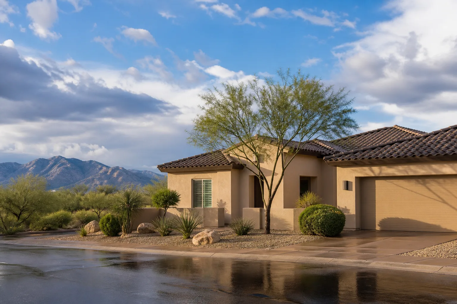 Southwestern home in Green Valley, Arizona after rainfall
