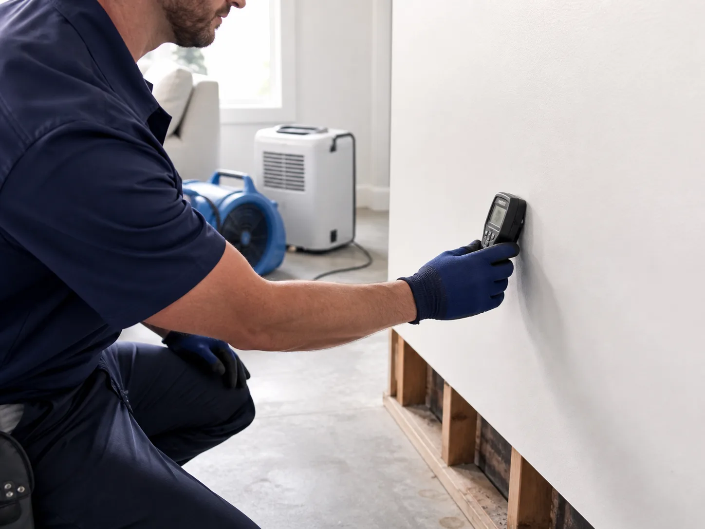 Technician checking moisture inside a water-damaged wall with a moisture meter