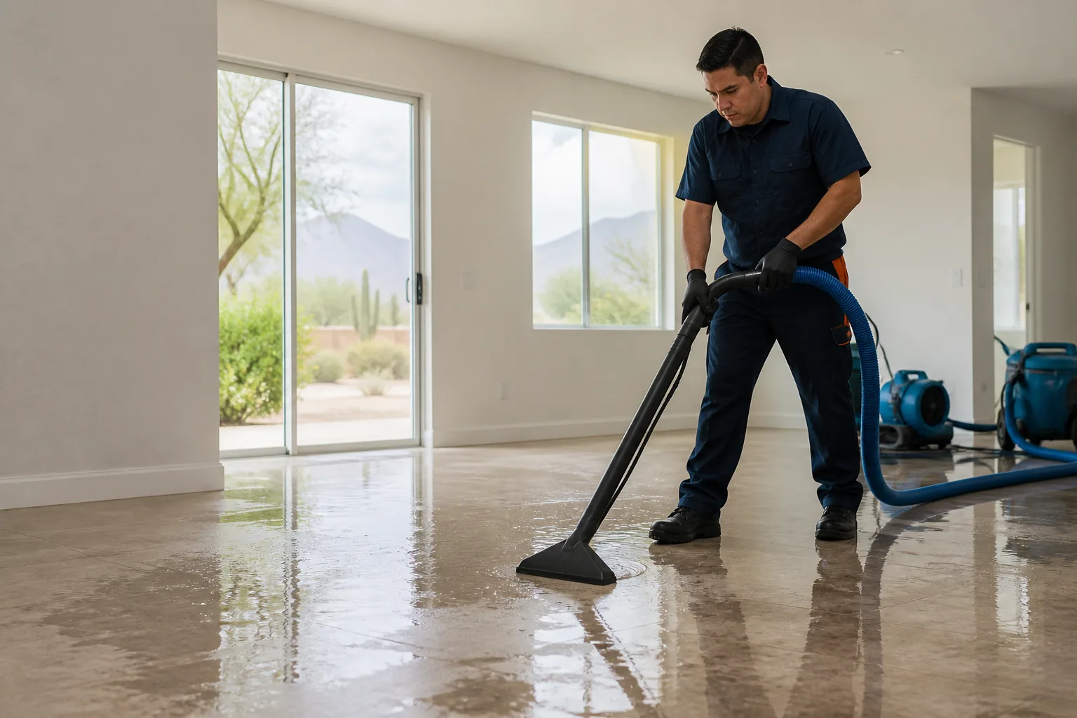 Restoration technician extracting standing water from a Green Valley home